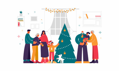 Christmas celebration with close relatives illustration. Smiling elderly parents with grandchildren in their arms.