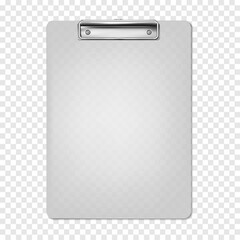 Translucent plastic clipboard on transparent background, realistic vector mock-up. Writing board with metal clip, mockup
