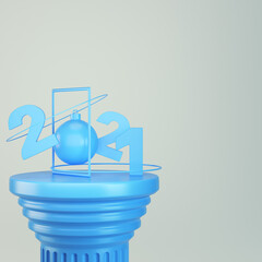 Blue 2021 figures with christmas ball and abstract frame on ancient column on bright blue background in pastel colors
