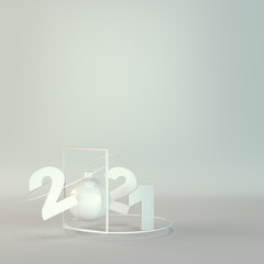 2021 figures with christmas ball and abstract frame on bright blue background in pastel colors