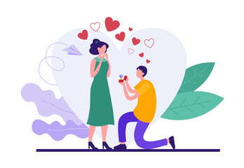 Cartoon man giving present to girlfriend during Valentine day celebration