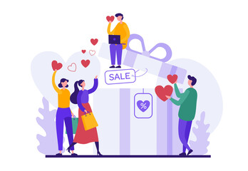 Cartoon people enjoying sales during Valentine day holiday