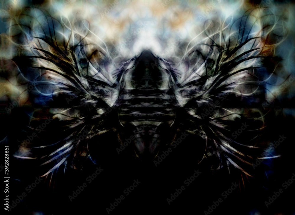 Poster flying phoenix bird as symbol of rebirth and new beginning and ancient ornament in background.