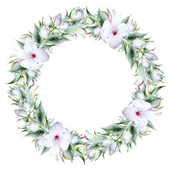 Floral  watercolor wreath with hibiscus  and yucca. Illustration. Hand drawn.