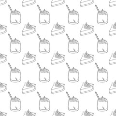 Seamless Thanksgiving pattern with hand drawn pumpkin pie slices latte with whipped cream in black white graphic style. Cute holiday fall background for product surface design, fabric, food package