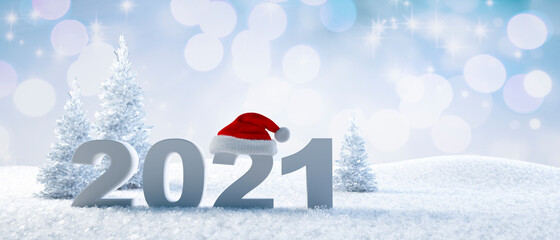 Year 2021 numbers with Santa hat in the snow - 3D illustration	
