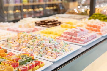 Traditional Turkish delight. Various pieces of arabic sweets or desserts for ramadan holiday 