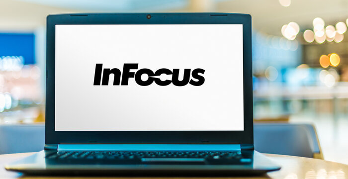 Laptop computer displaying logo of InFocus