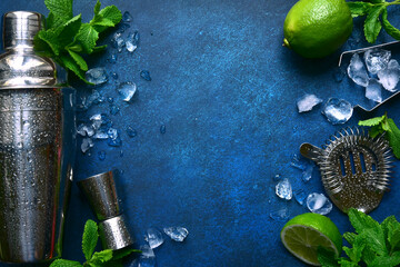 Ingredients and props for making cold summer cocktail mojito. Top view with copy space.