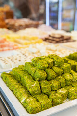 Traditional Turkish delight. Various pieces of arabic sweets or desserts for ramadan holiday 