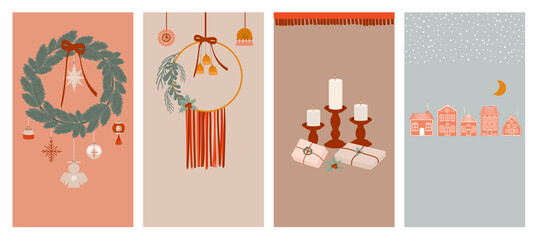 Merry Christmas or Happy New Year vertical background for social media or mobile app template. Holidays boho elements in Scandinavian style.  Editable Vector illustration