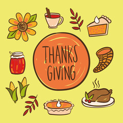 happy thanksgiving day lettering with set icons hand draw style
