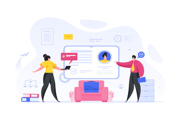 Boss selects new employee to work vector illustration. Man businessman shows web screen with right candidate.