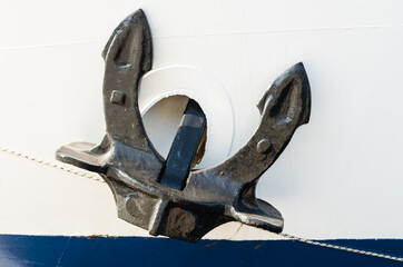 Evia island, Greece - June 30. 2020: Anchored ferry in the port of Edipsos - Greece