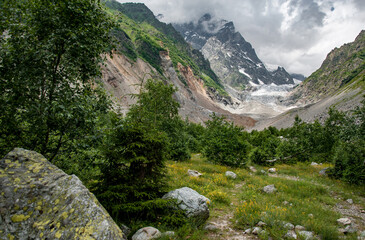 Chalaadi Glacier near Mestia, Svaneti, Georgia. The glacier was at the point of the photo in 1974. It has receded about 500 metres in 43 years.