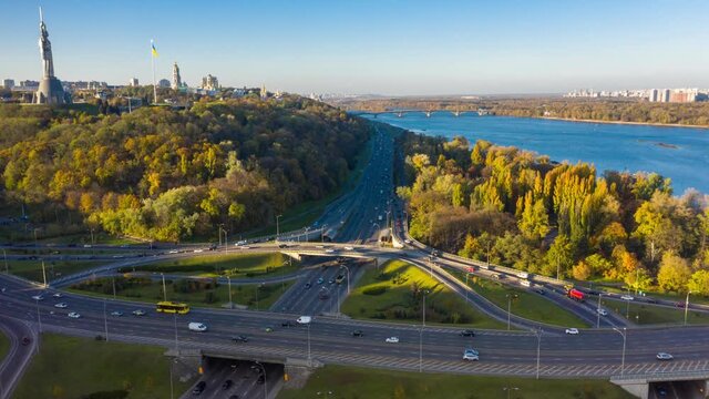 Turbine traffic interchange in Kiev, the capital of Ukraine. City traffic aerial hyperlapse view.