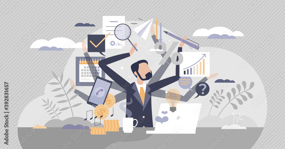 Poster multitasking work as combine many job duties and tasks tiny person concept