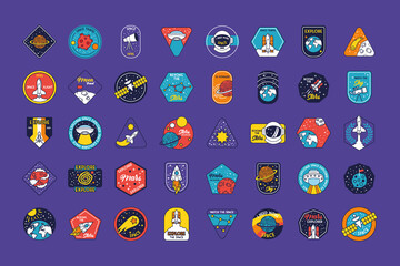 bundle of fourty space badges line and fill style icons - obrazy, fototapety, plakaty