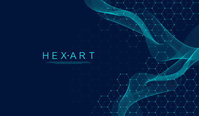 Molecular abstract structure and genetic engineering, healthcare and medicine background. Scientific research background. Wave flow, innovation pattern. Vector illustration.