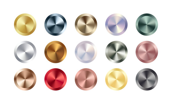 Metal chrome circle badge set. Vector Metallic rose gold, bronze, silver, steel, holographic rainbow, golden buttons. Foil shiny color design elements for background, web, apps