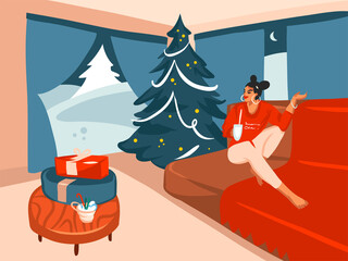 Hand drawn vector abstract stock flat Merry Christmas,and Happy New Year cartoon illustrations of big decorated Xmas tree and female drink cocoa in holiday home interior isolated on color background