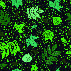 Seamless pattern of green different leaves. Spring composition. Vector image.          