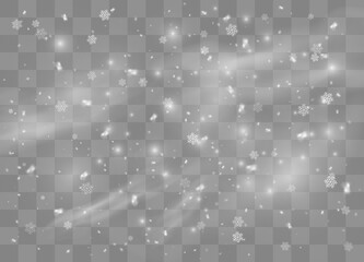 Falling. Christmas snow for the new year.  Heavy snowfall, snowflakes in different shapes and forms. Vector illustration.