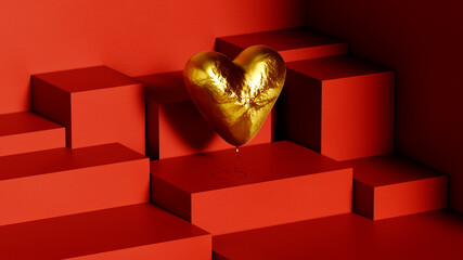 golden balloon for valentine's day on a red cube stand, postcard or sign, 3d rendering