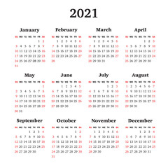 Vector calendar for 2021 year. Week starts Sunday
