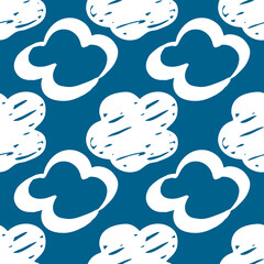 Seamless drawn cloud pattern. Brush painted clouds on a blue background