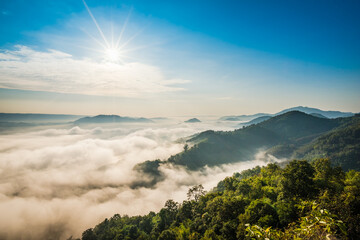Sunrise and the mist in winter morning