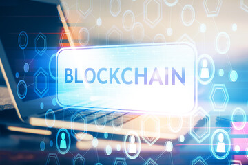 Double exposure of blockchain theme hologram and table with computer background. Concept of bitcoin...