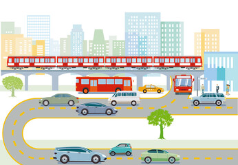 Verkehr mit Hochbahn, Bus und Straßenverkehr