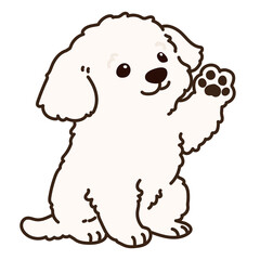 Outlined simple and adorable white Maltese dog sitting and waving hand illustration