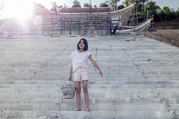 Children working at construction site for world day against child labor concept: