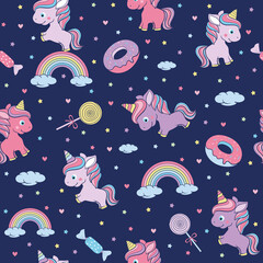Seamless pattern with cute little unicorn. clouds, unicorn, rainbow and stars, with sweets, doughnuts and lollipops. Amazing illustration for kids. Night theme for wallpaper, print, textile