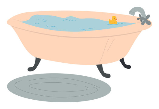 Bathtub full of water, rubber yellow toy duck, bath in the bathroom, oval gray fleecy rug on the floor. Relaxing, washing, bodycare, home spa treatments. Vector cartoon flat image of bathroom element