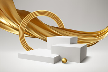 Background 3d white podium product and realistic golden swirl on the white background. Modern white cube podium, great design for any purposes. Vector illustration