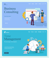 Fototapeta na wymiar Business consulting of fresh ideas, system analysis, profit growth and knowledge. Time management, main stages of development, principles and rules vector. Website template, landing page flat style