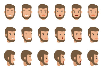 Set of character s emotions. Cartoon vector illustration. Male facial emotions. Emoji with different expressions. Front and side view of a bearded man s head. Angry, kind, smiles, screaming character