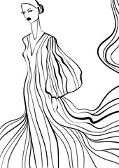 Fashion illustration, outline art, fashion coloring book, fashion sketch, hand drawn. Black and white luxury models. 