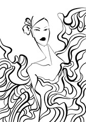 Fashion illustration, outline art, fashion coloring book, fashion sketch, hand drawn. Black and white luxury models. 