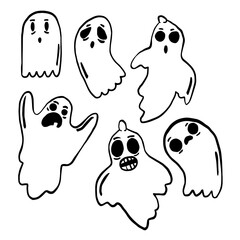 Clip art with Funny Ghosts. Hand drawn vector illustration of ghost on white background. Set of clip art illustrations