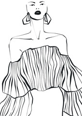 Fashion illustration, outline art, fashion coloring book, fashion sketch, hand drawn. Black and white luxury models. 