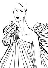 Fashion illustration, outline art, fashion coloring book, fashion sketch, hand drawn. Black and white luxury models. 
