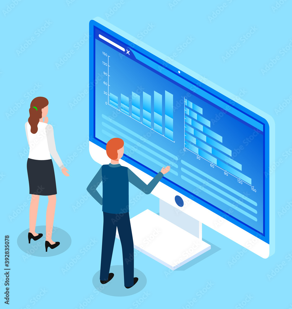Poster isometric image of man and woman, back view, standing in front of huge cartoon computer monitor and 