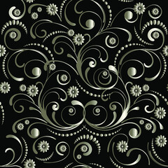 Silver  seamless floral pattern on a black background