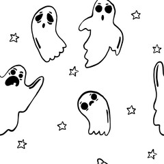 Halloween pattern with ghosts. Nice kids spooky halloween texture for textile, wrapping paper, cover, background, wallpaper. Seamless pattern with cute little cartoon ghosts.