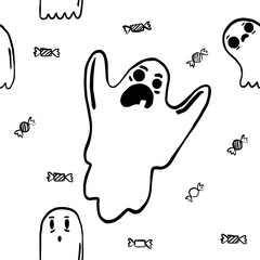 Halloween pattern with ghosts. Nice kids spooky halloween texture for textile, wrapping paper, cover, background, wallpaper. Seamless pattern with cute little cartoon ghosts.