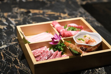 close up various raw meat in plate. Korean barbecue concept  